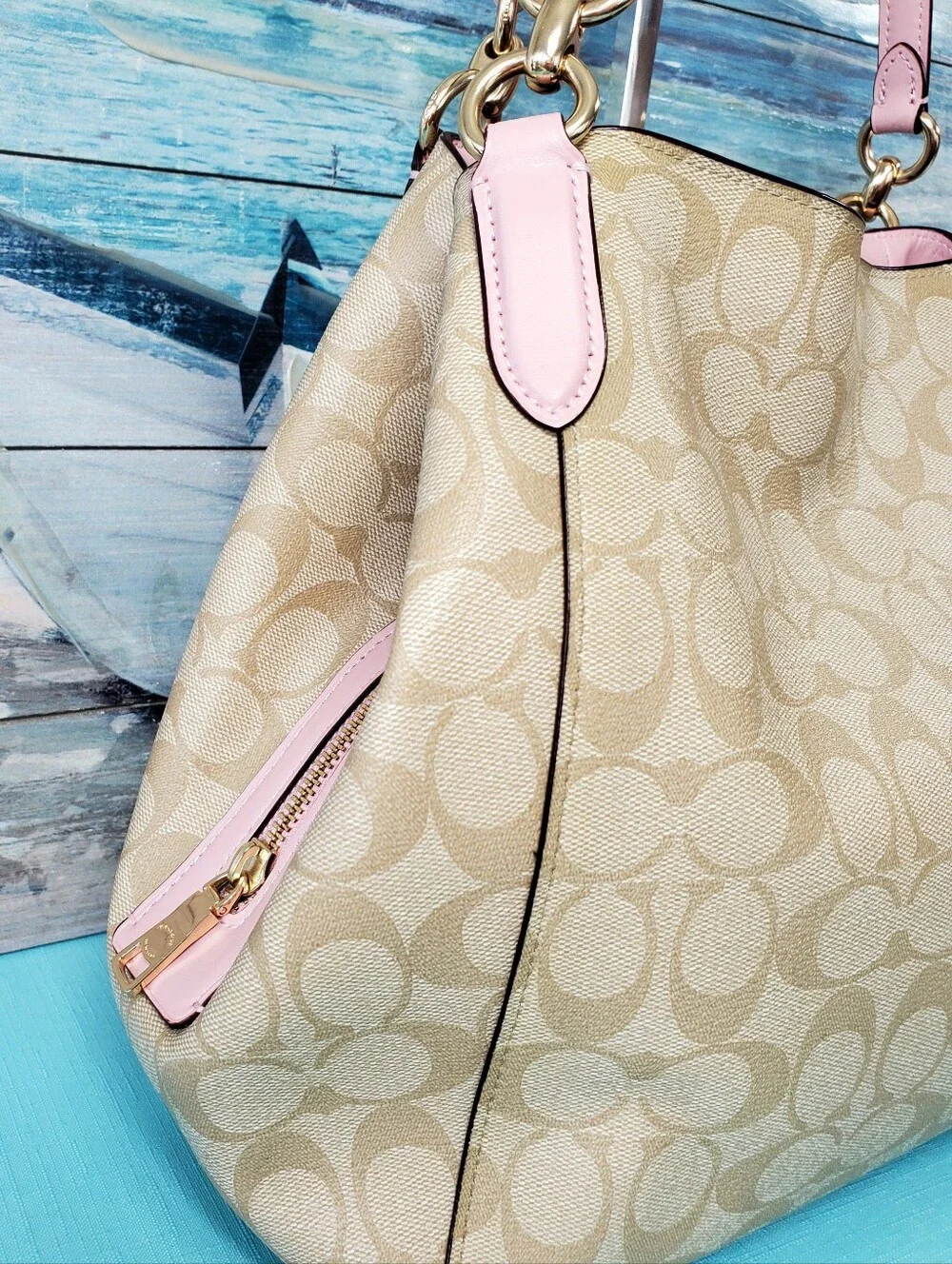 Coach Hallie Shoulder Bag In Signature Canvas Khaki / Pink Blossom F80298